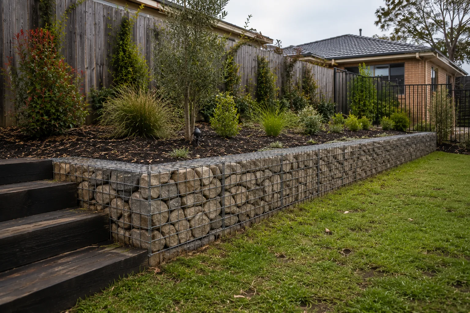Gabion retaining wall bordering a garden bed and timber steps