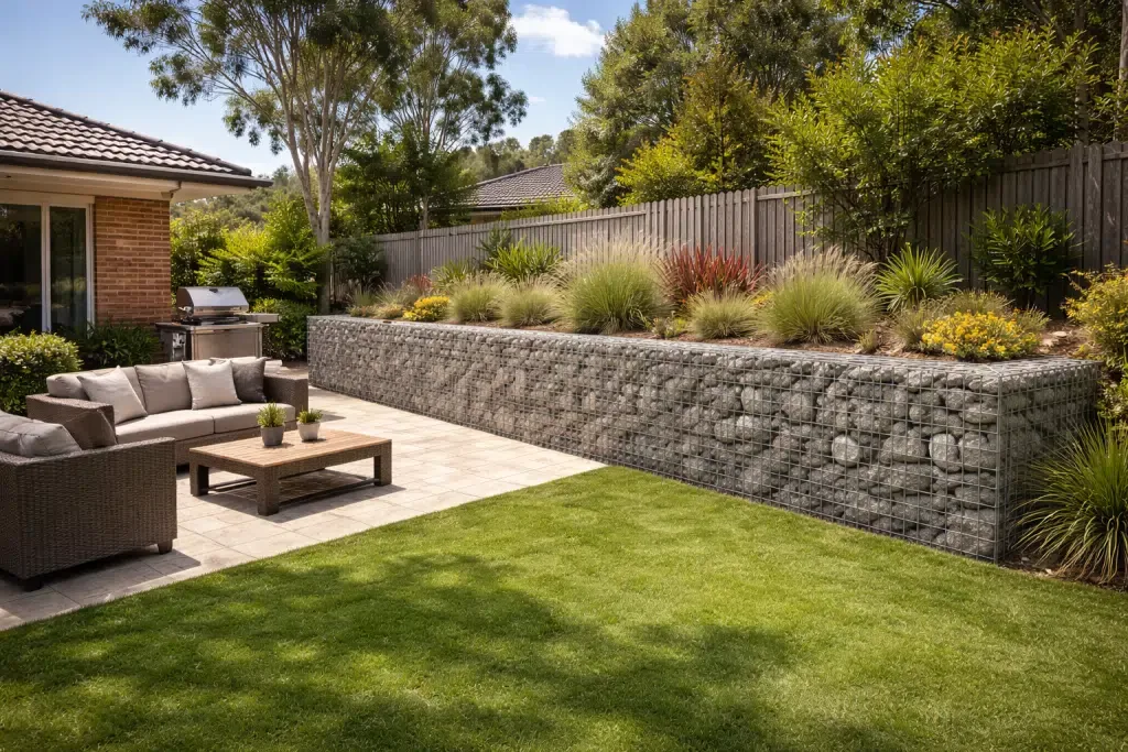 Gabion retaining wall on a sloped site